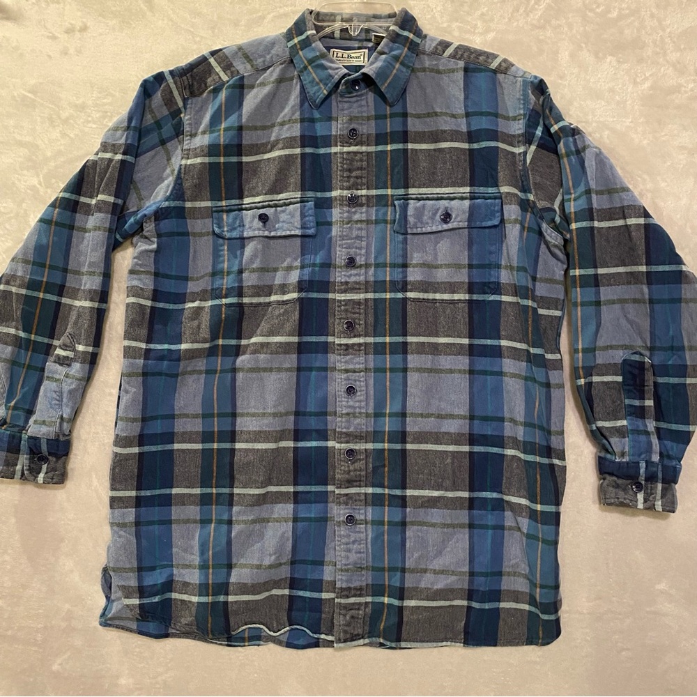 LLBean Shirt Men’s Large Tall Blue Chamois Cloth Flannel Shacket Long Sleeve